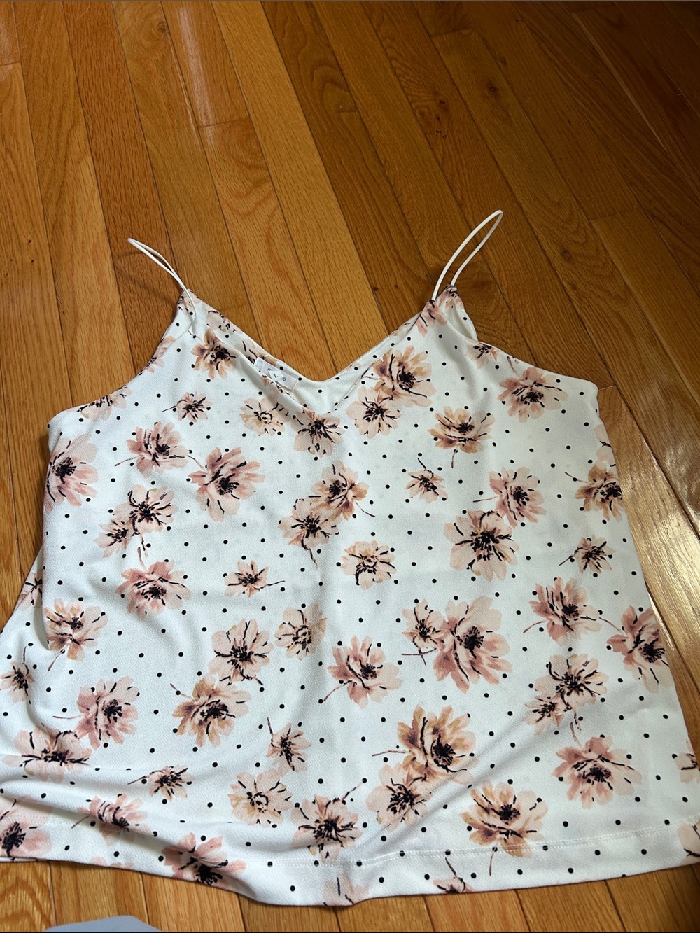 Maurices White Cami with Blush Floral and Black Polka Dots